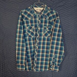 Wrangler Men's Teal and Tan Plaid Button Down Shirt